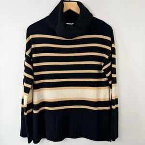Magaschoni 100% Cashmere Striped Turtleneck Sweater Black Tan Women's M